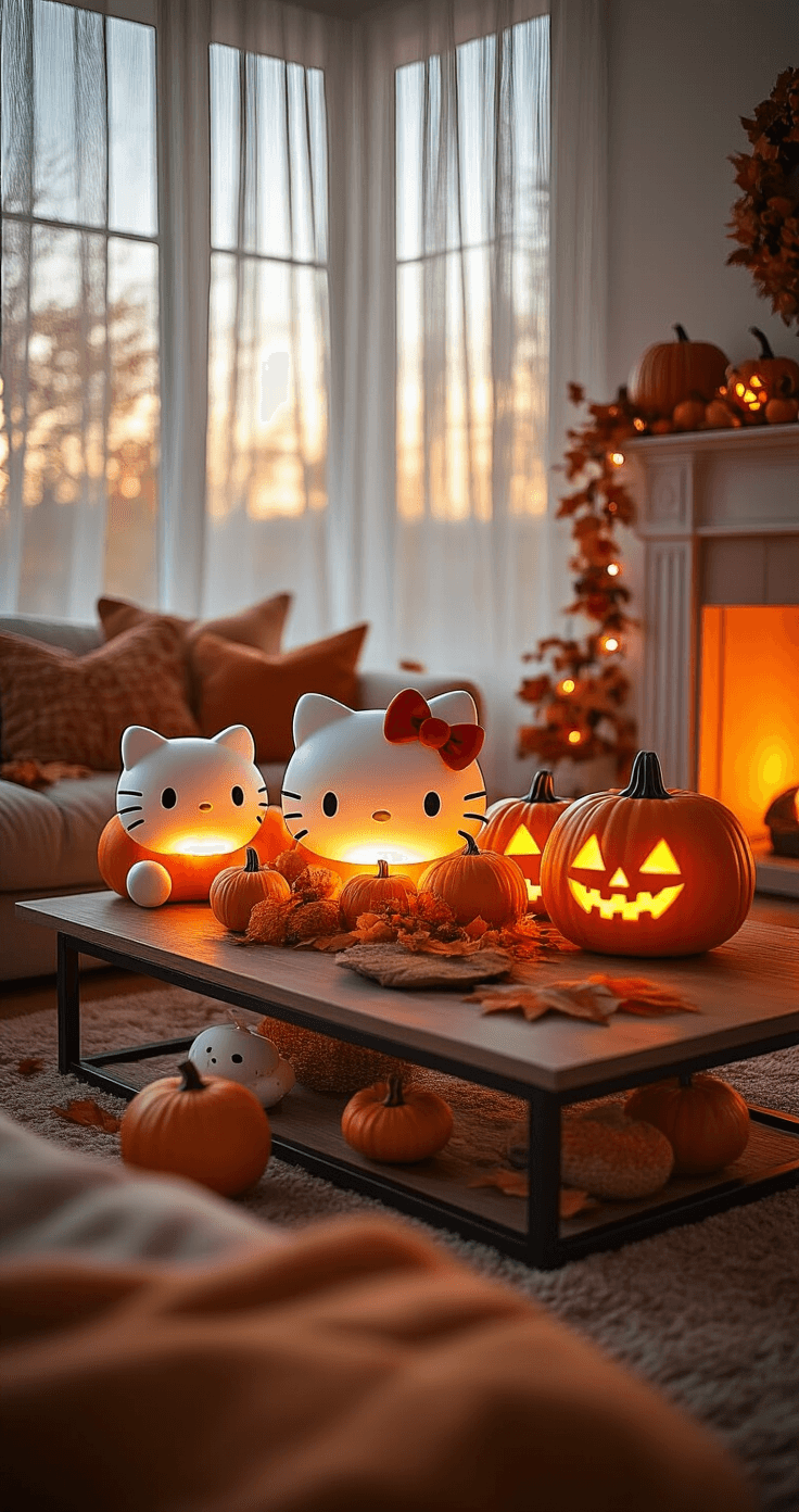 Cozy autumn living room with Hello Kitty pumpkins as centerpiece decorations, warm fireplace glow, plush kawaii toys, Halloween-themed coffee table, golden evening light through sheer curtains, capturing a magical atmosphere in rich autumn colors.