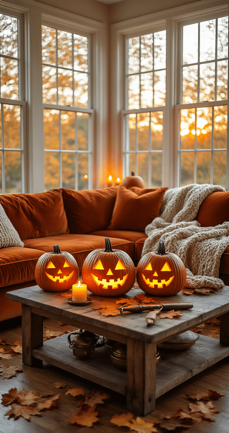 Cozy autumn living room bathed in warm amber light, featuring carved jack-o'-lanterns on a rustic wooden coffee table, an orange velvet sofa, scattered fall leaves on hardwood floors, and flickering candlelight casting shadows on cream walls.