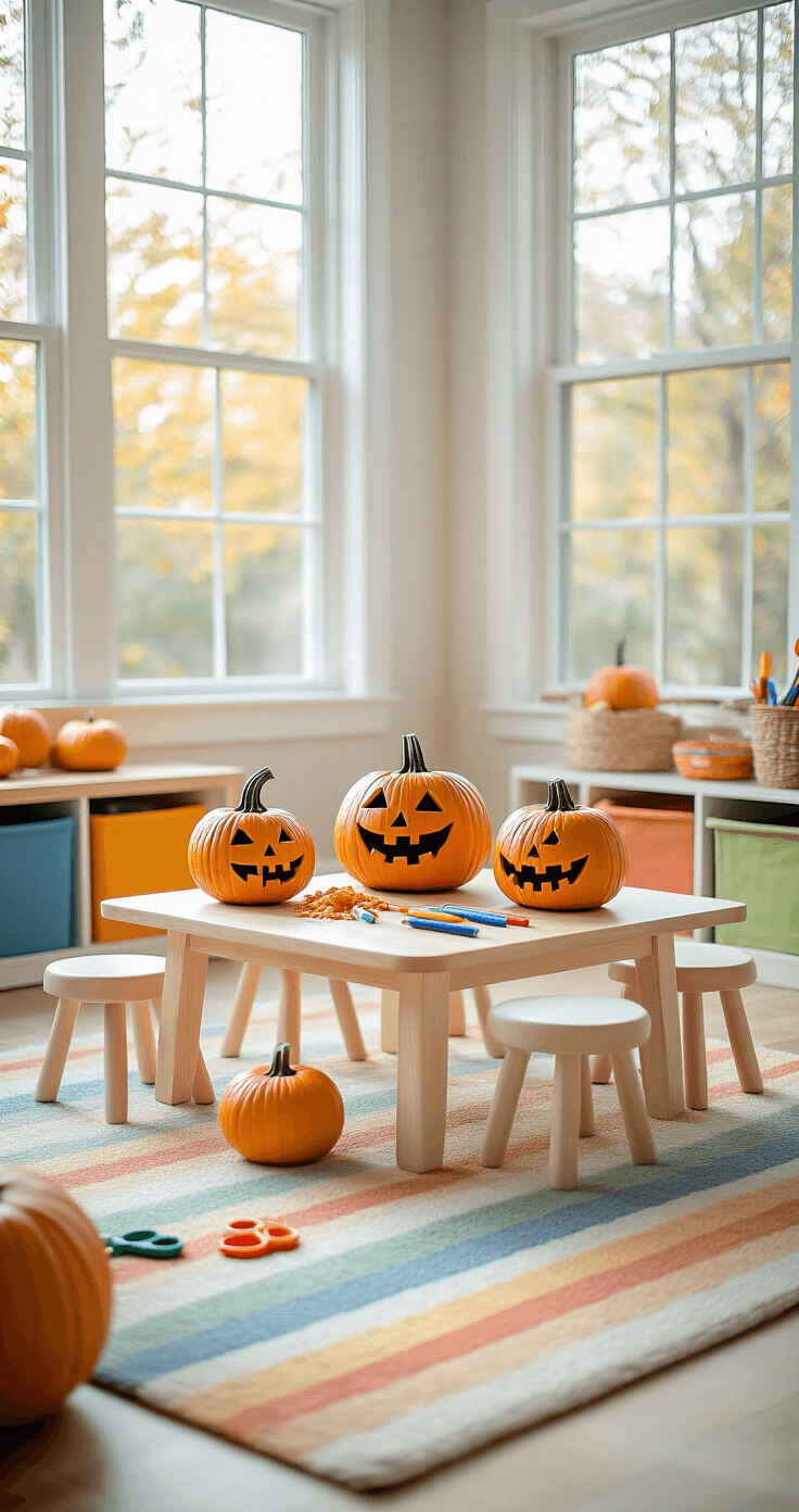 A whimsical children's playroom in soft morning light, featuring a low wooden table surrounded by tiny stools and painted pumpkins with comical faces, one with faux guts spilling out. Washable markers and acrylic paints are scattered around, alongside colorful storage cubes and a soft muted rainbow striped rug. Safety scissors are within reach, and large windows provide gentle backlighting, creating a safe, creative atmosphere. The pastel color scheme is accented by pops of traditional Halloween orange, captured from a child's eye-level perspective.