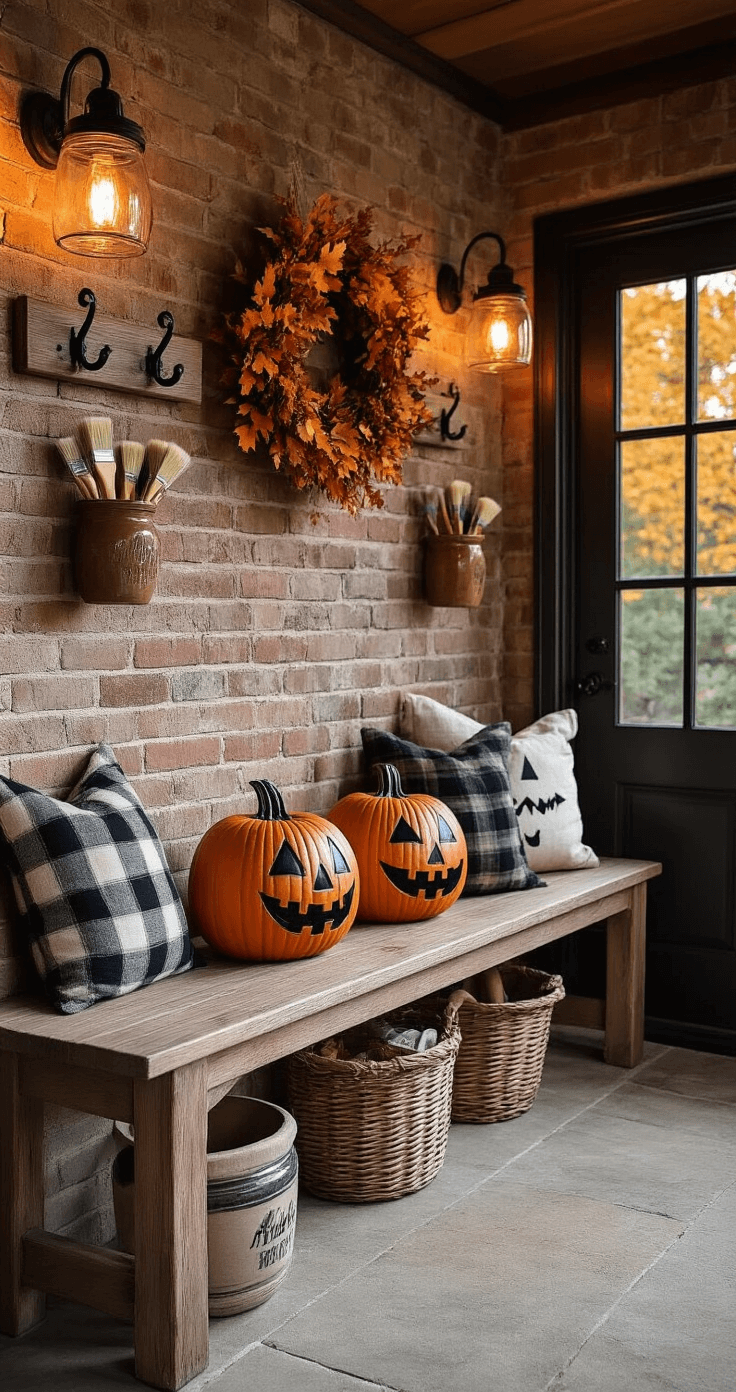 A rustic mudroom entrance at twilight, featuring a wooden bench adorned with painted no-carve pumpkins with black and white faces, vintage coat hooks, weathered brick walls, and mason jar lanterns. The scene includes cozy plaid cushions, autumn wreaths, and carved wooden bowls, all illuminated by warm earth tones and golden hour backlighting through a frosted glass door.
