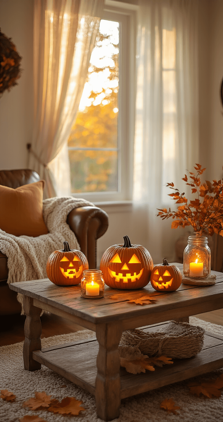 Cozy living room corner bathed in golden hour sunlight, featuring carved Minion pumpkins with glowing LED candles on a rustic wooden coffee table, warm orange and yellow hues against cream walls, and autumn leaves scattered across hardwood floors, creating a magical Halloween atmosphere.