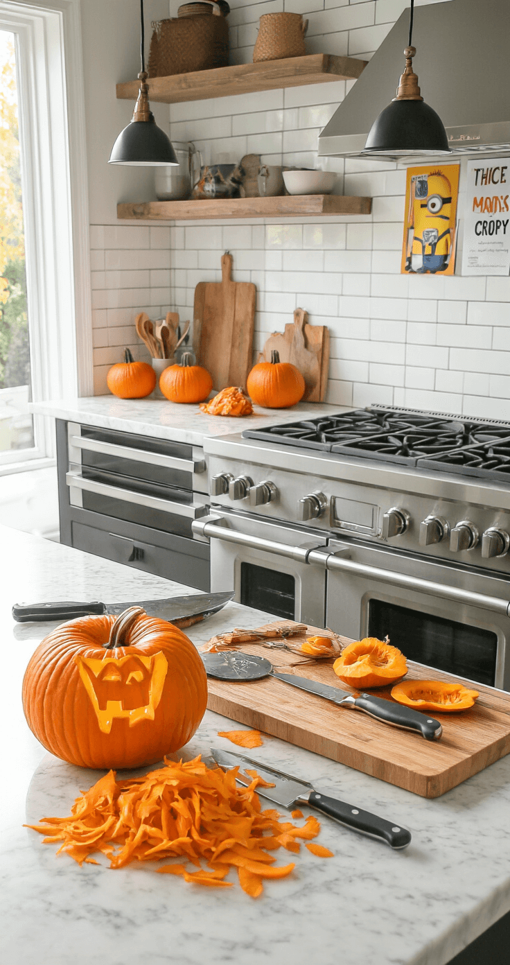 A modern kitchen island bathed in afternoon natural light, showcasing a marble countertop with neatly arranged pumpkin carving tools, artistic pumpkin shavings, professional knives, and Minion templates pinned to a cork board, surrounded by stainless steel appliances and a white subway tile backsplash, illuminated by pendant lights from above.
