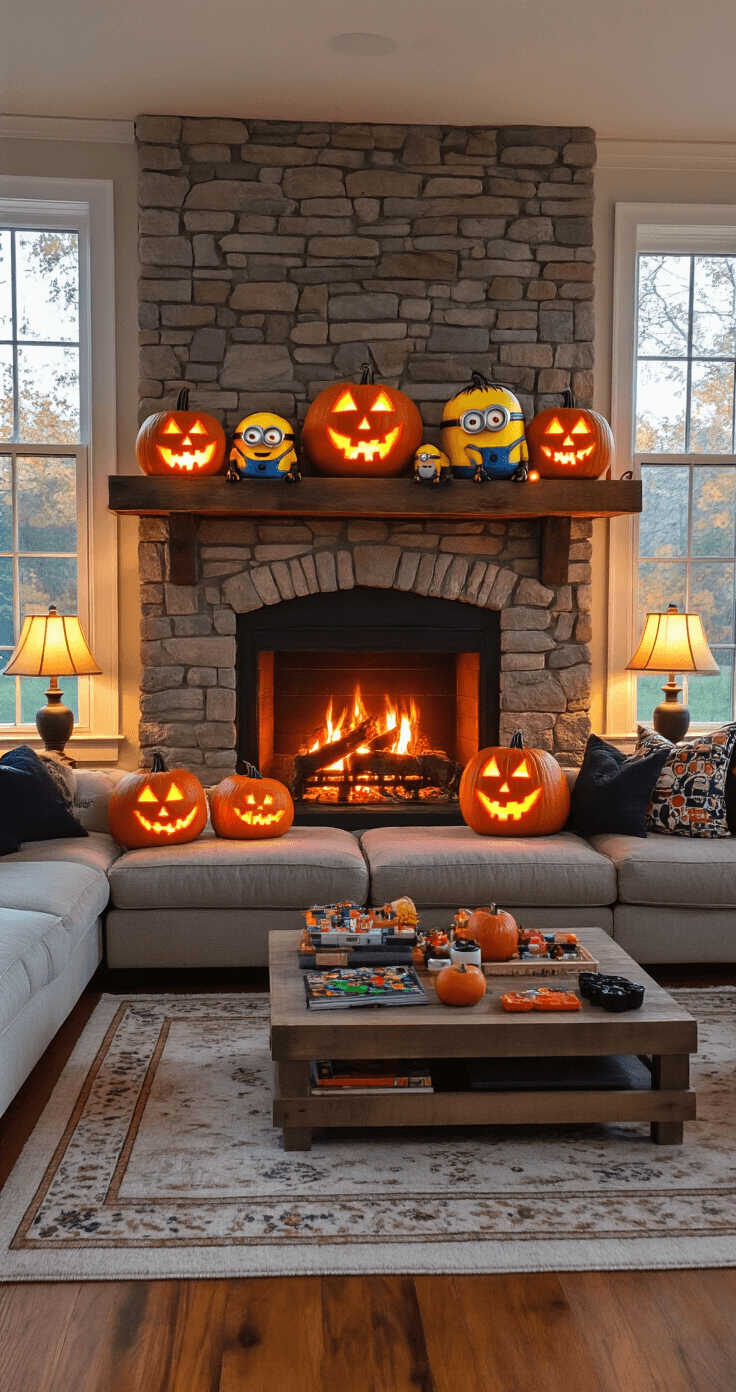 A cozy family room at evening twilight featuring multiple Minion pumpkins on a reclaimed wood mantle above a stone fireplace, with a soft flickering fire glow and pumpkin LED lights. A plush sectional sofa adorned with Halloween throw pillows is visible, along with children's art supplies on a coffee table. The hardwood floors are complemented by an area rug, and warm amber lighting from table lamps enhances the traditional decor with autumn touches and family-friendly Halloween elements.