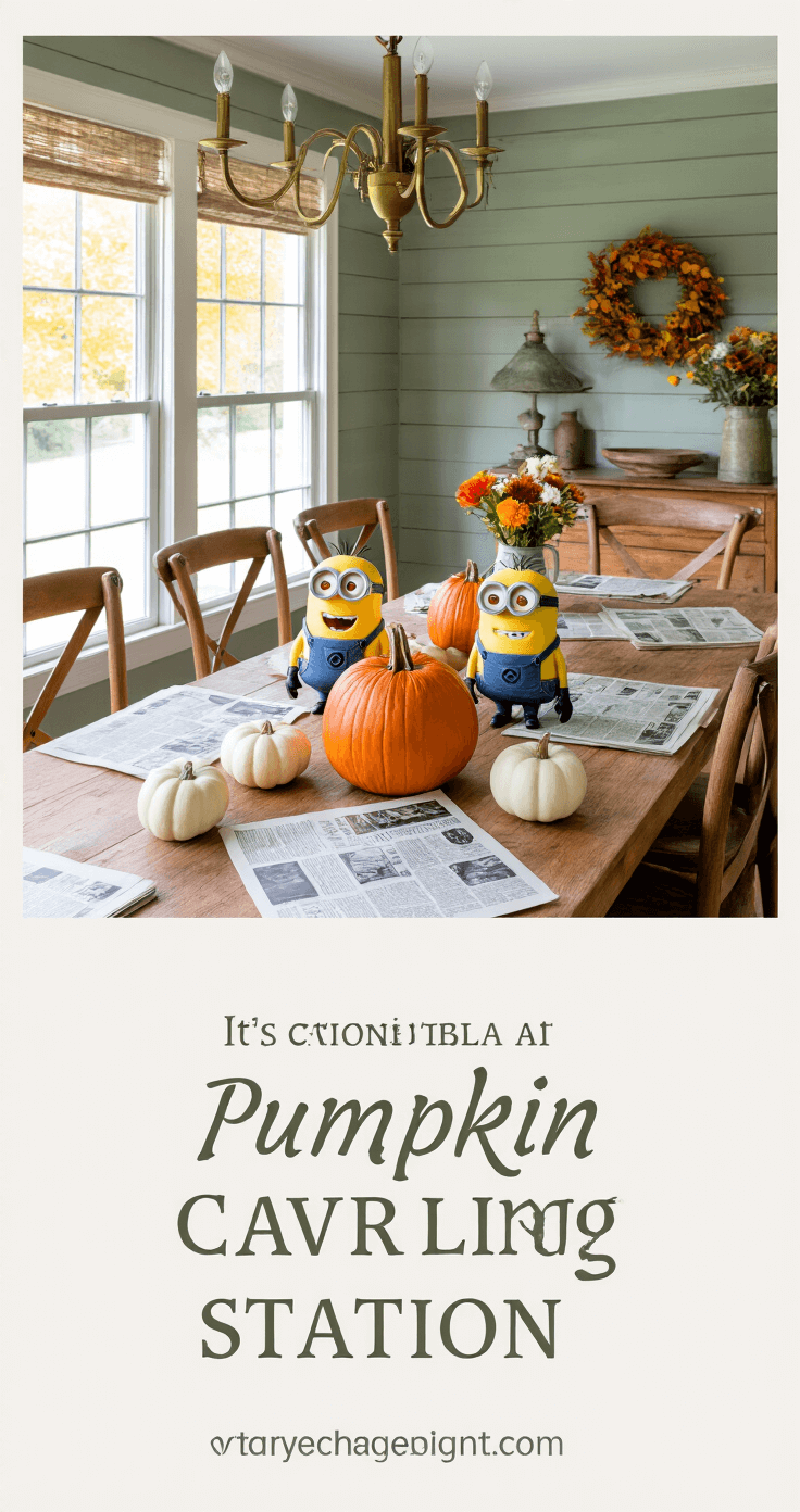 An elegant farmhouse dining room featuring a long table set for pumpkin carving, adorned with carved Minions centerpieces and mini white pumpkins, illuminated by soft morning light and a warm brass chandelier, with fresh fall flowers in mason jars and a sage green shiplap accent wall.