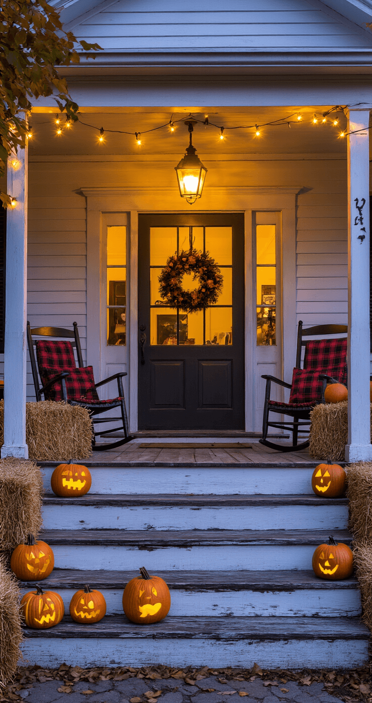 A cozy front porch of a traditional American farmhouse, illuminated by warm yellow light, features weathered wooden steps showcasing progressively intricate Minion pumpkin designs. String lights hang above, vintage rocking chairs with plaid cushions sit beside rustic hay bales, and autumn wreaths adorn the double doors, all set against a dusky evening backdrop.