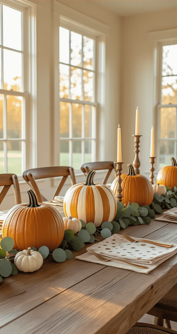 Wide-angle shot of an elegant dining room at golden hour, featuring a rustic wooden table adorned with farmhouse-striped pumpkins in burnt orange and mustard yellow, eucalyptus garland, vintage brass candlesticks, and linen placemats, with warm light and gentle shadows on cream-colored walls.