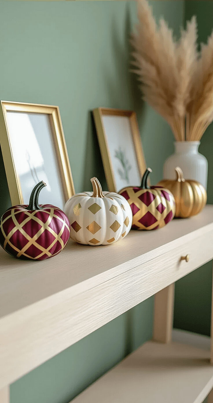 Close-up of a modern console table styled with geometric patterned pumpkins wrapped in washi tape, illuminated by soft morning light against a sage green wall, accompanied by brass picture frames and dried pampas grass, showcasing a clean and minimalist autumn aesthetic.