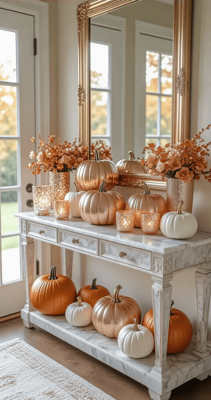 Overhead view of an elegant entryway console adorned with glitter-covered champagne and rose gold pumpkins, illuminated by natural light from French doors, featuring a large mirror, a marble base, crystal votive holders, and silk ribbon accents.