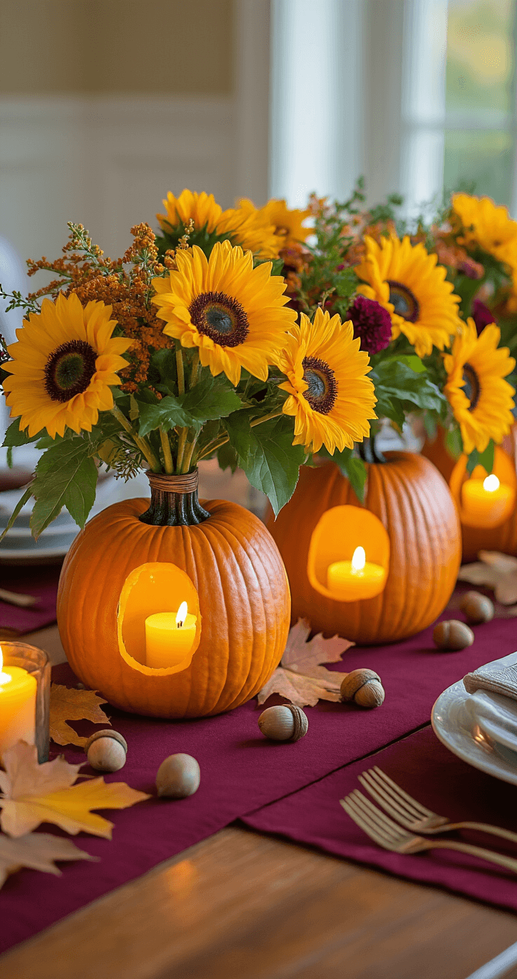 Eye-level view of a dining table centerpiece made of pumpkins as vases filled with sunflowers and autumn greenery, accented by warm candlelight, a burgundy table runner, and scattered acorns and maple leaves.