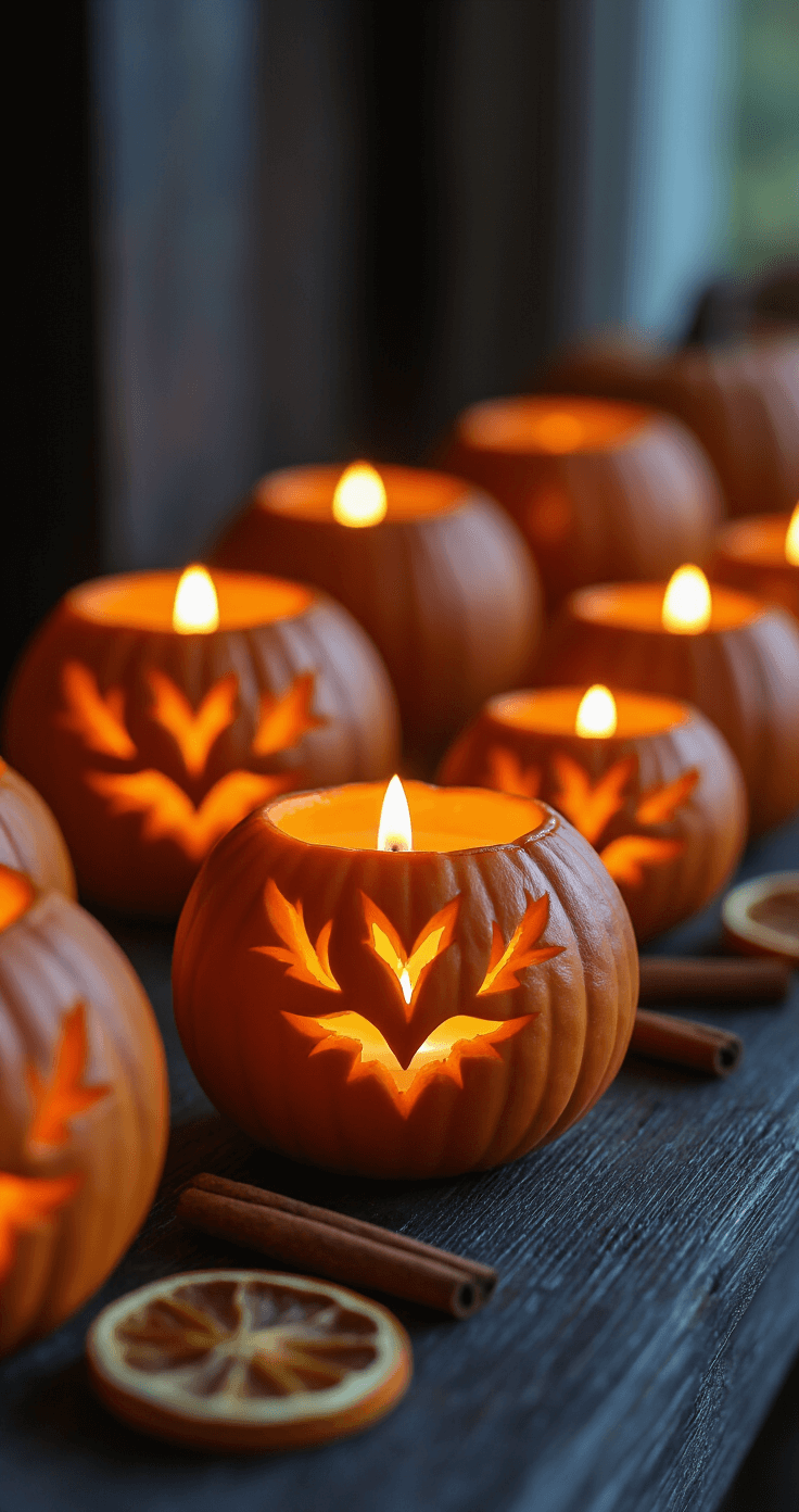 Moody close-up of intricately carved mini pumpkins as candle holders, featuring warm LED candlelight shining through leaf-pattern cutouts, set against a dark wooden mantel with scattered cinnamon sticks and dried orange slices, creating a cozy autumn ambiance.