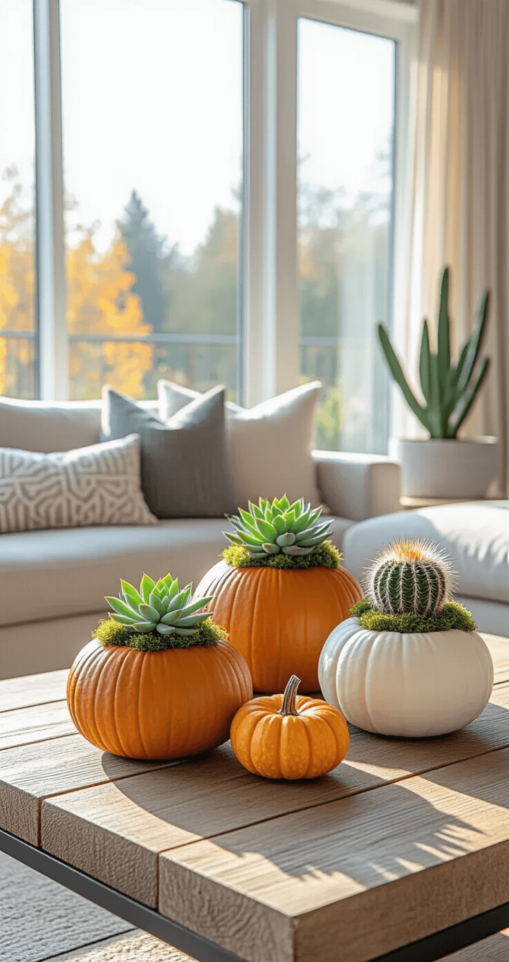 A modern living room with a coffee table adorned with succulent-topped pumpkins, surrounded by natural light from floor-to-ceiling windows, featuring clean-lined furniture, neutral tones, and geometric decor.