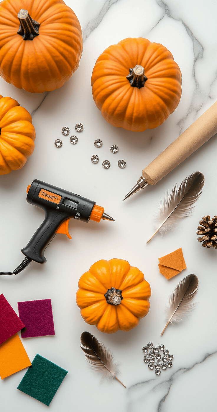 Flat-lay photography of pumpkin decorating materials on a white marble surface, featuring a hot glue gun, jewel-toned craft felt squares, metallic vinyl stickers, feathers, and rhinestones. Partially decorated pumpkins showcase elegant carving patterns, all captured in soft mid-morning light with a shallow depth of field.