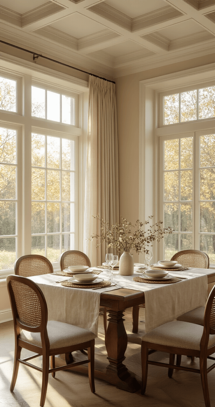 Photorealistic interior of a 12x14 feet dining room featuring a coffered ceiling, warm afternoon light, a mahogany table with a natural linen tablecloth, and upholstered chairs, surrounded by layered textures of woven placemats and crystal glassware in a neutral beige and cream color palette.