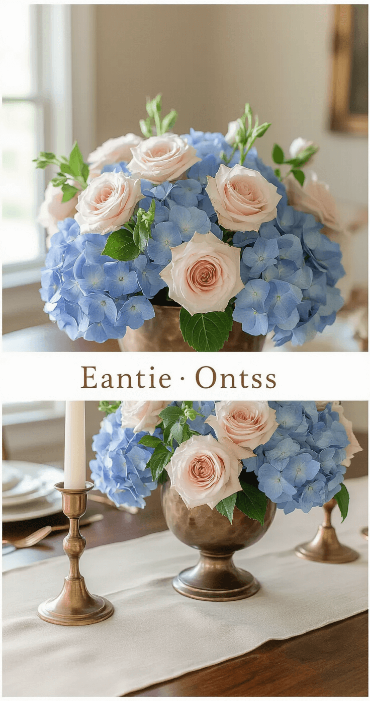 Close-up of a stunning floral centerpiece featuring antique blue hydrangeas and blush roses in a hammered bronze vase on a rich mahogany dining table with a cream linen runner, accented by brass candlesticks and copper details, illuminated by warm late afternoon light.