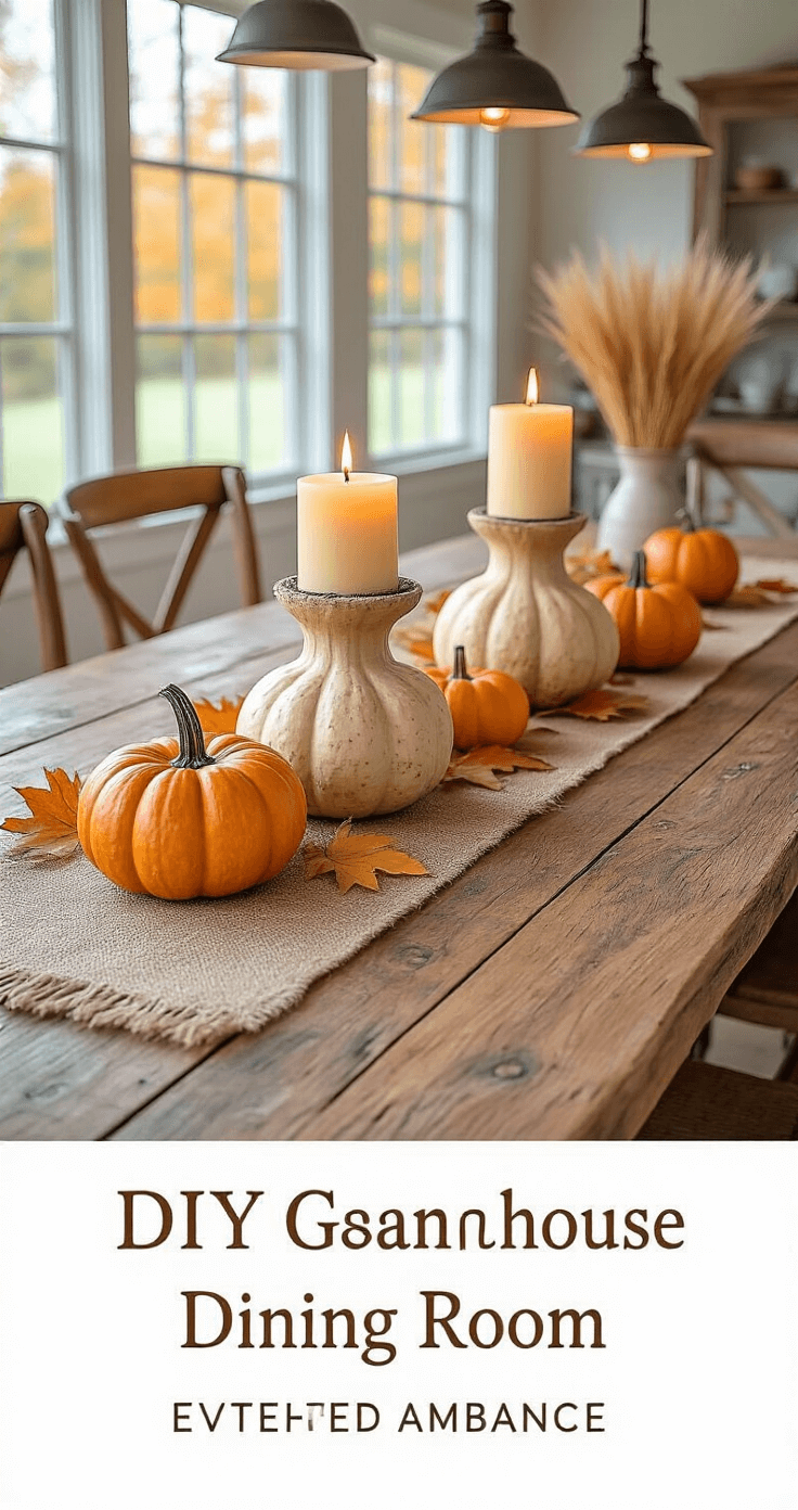 A cozy farmhouse dining room featuring DIY gourd candleholders on a reclaimed wood table adorned with a burlap runner. Orange and cream gourds hold flickering candles, surrounded by autumn leaves, mini pumpkins, and wheat stalks, all under warm pendant lighting for an inviting evening ambiance.