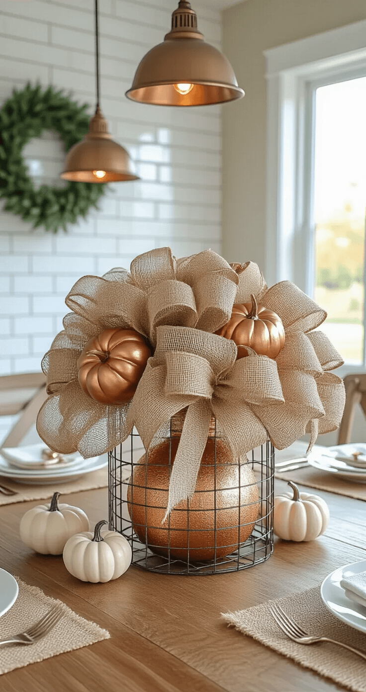 Elegant DIY centerpiece made from a wire frame filled with metallic gold deco mesh, adorned with burlap ribbon bows and copper spray-painted foam pumpkins, set on a modern dining table with a white subway tile backsplash and pendant lights, all bathed in warm afternoon light.