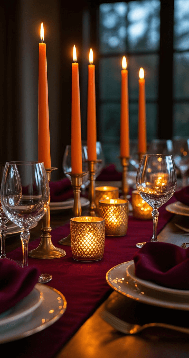 Dramatic candlelit Thanksgiving table setting featuring tall orange tapered candles in brass holders, clustered gold votives on a rich burgundy table runner over dark wood, with crystal wine glasses reflecting candlelight, creating an intimate and luxurious ambiance.