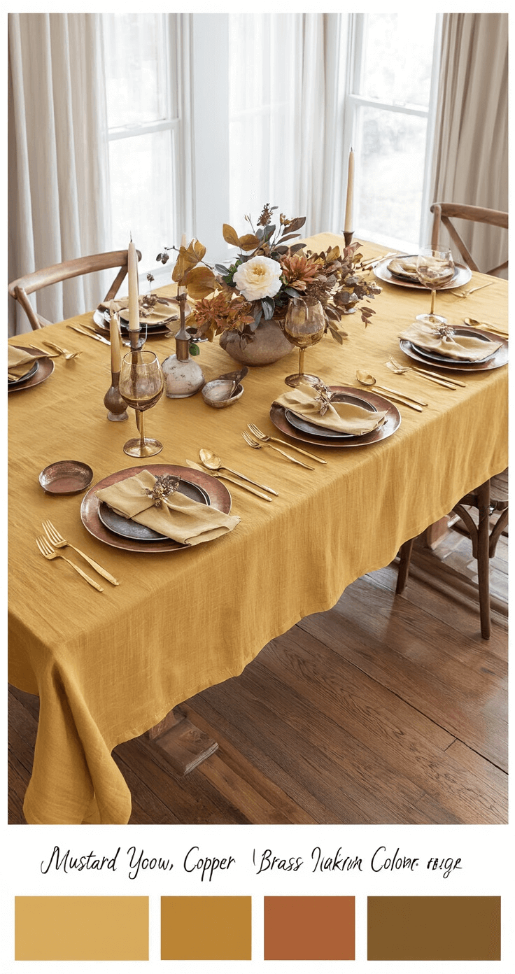 A wide shot of a stylish dining room featuring a mustard yellow linen tablecloth, copper charger plates, and brass napkin rings, accented by gold cutlery and a bronze centerpiece. The warm oak floors and cream walls complement the rich autumn palette, illuminated by natural morning light filtering through sheer curtains.