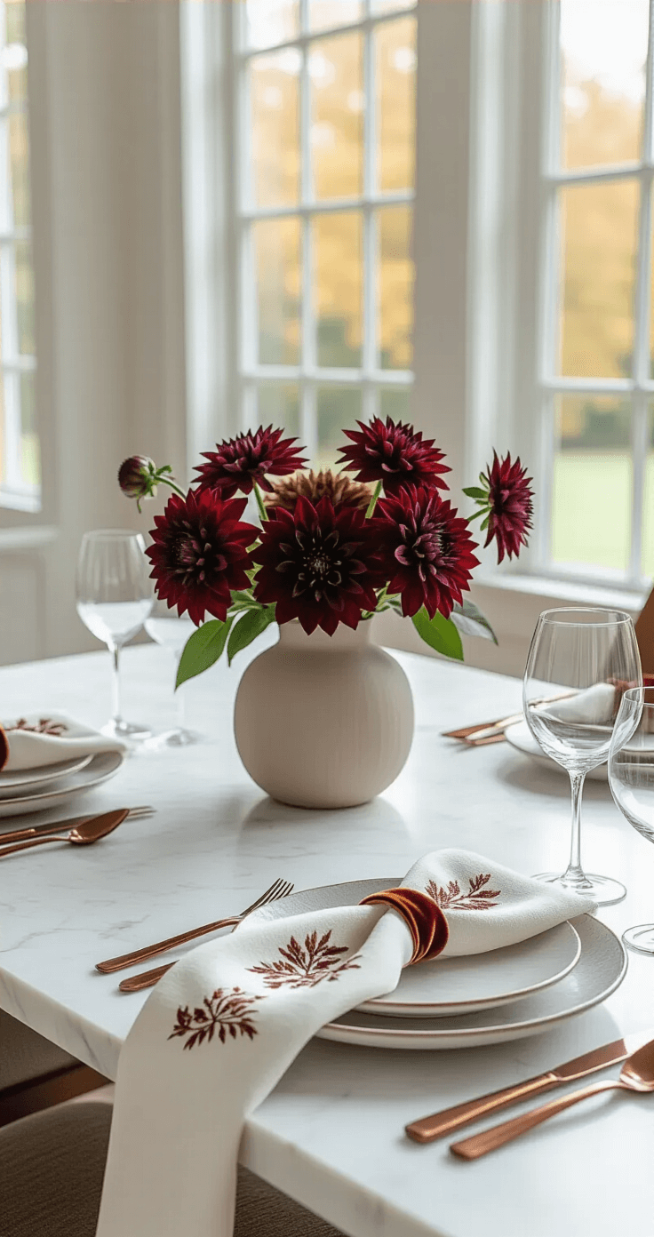 Elegant minimalist Thanksgiving table featuring a clean white marble top, a single low floral arrangement of burgundy dahlias in a ceramic vessel, embroidered autumn napkins, and velvet copper ribbon details, all highlighted by soft, diffused light from floor-to-ceiling windows.