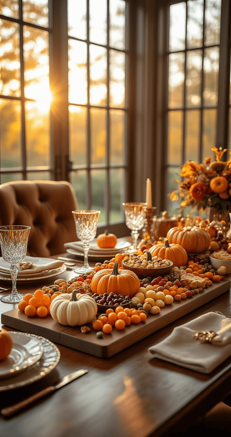 Luxurious dining room featuring a mahogany table adorned with an elaborate Thanksgiving dessert charcuterie board, illuminated by golden hour sunlight. The autumn-themed spread includes pumpkin dips, colorful candies, and fresh fruits, set against warm amber and orange tones, with rich textures of velvet chairs and crystal glasses visible.