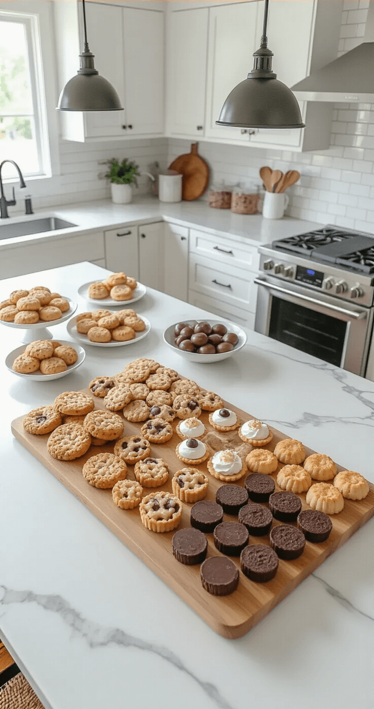 Modern kitchen island with a dessert board display featuring cookies, mini tarts, and chocolate treats on a wooden cutting board, illuminated by bright morning light on white marble countertops, with geometric patterns captured from above.