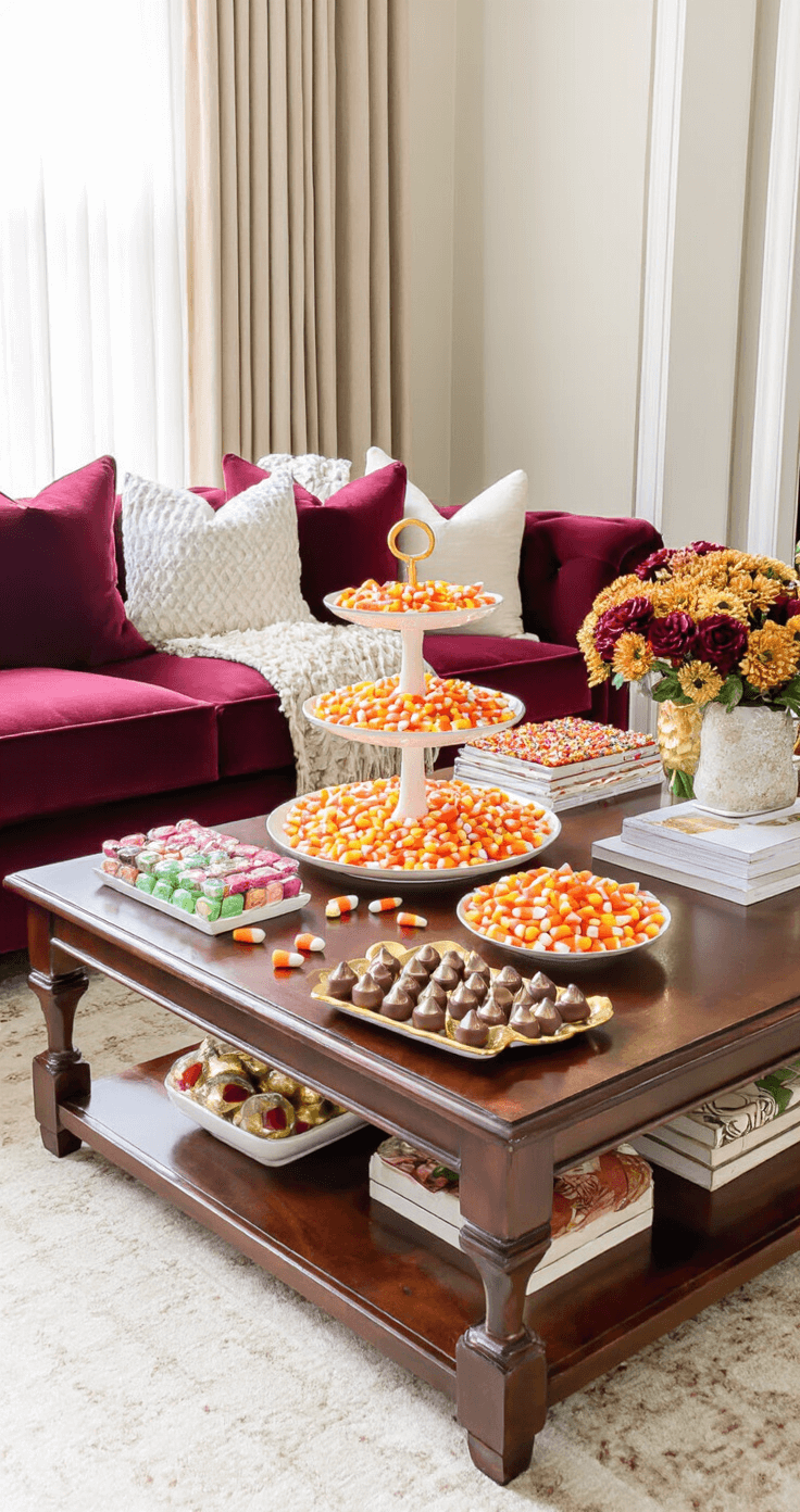 Elegant coffee table adorned with tiered platters of vibrant candies, bathed in afternoon light through sheer curtains, surrounded by a burgundy sofa and gold accents, complemented by cozy throws and autumn florals.