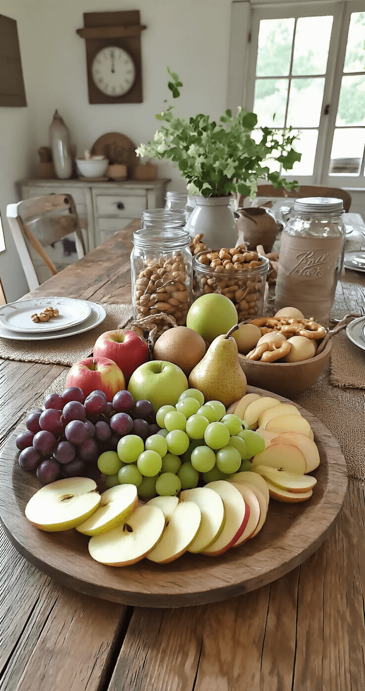 Rustic farmhouse dining room featuring a reclaimed wood table adorned with fresh fruits, including apple slices, grape clusters, and pear arrangements, complemented by earthy tones and vintage decor, capturing an intimate family gathering atmosphere.