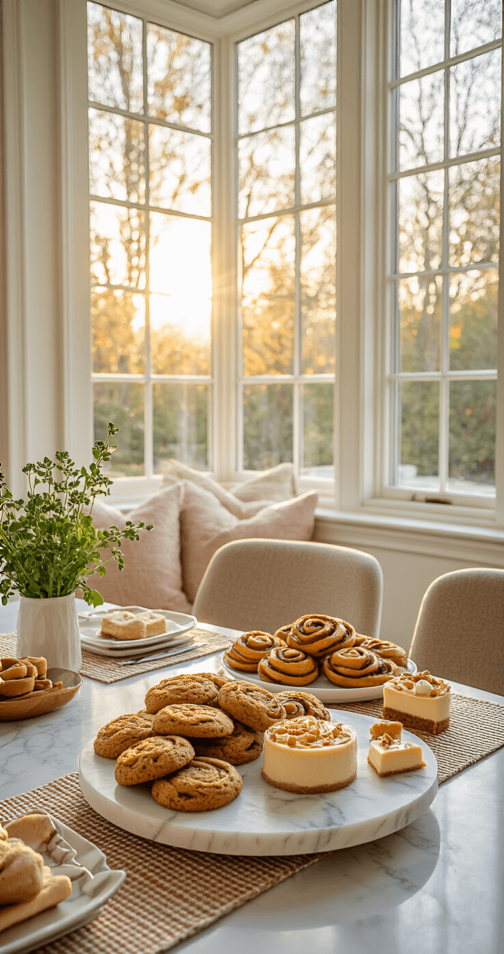 A contemporary breakfast nook bathed in soft morning light, featuring a marble lazy Susan with an array of golden baked goods including pumpkin cookies, mini cinnamon rolls, and cheesecake bites, all styled with a neutral palette accented by orange and cinnamon tones, modern chairs, geometric placemats, and fresh herbs.