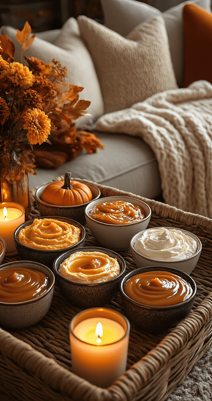 A cozy family room side table transformed into a dip station, illuminated by warm evening lamplight. Mini serving bowls filled with pumpkin cream cheese and caramel sauces are surrounded by rich autumn decor in burnt orange and deep gold. Close-up shot highlights creamy textures, while plush cushions, knitted throws, and flickering candles enhance the inviting atmosphere.