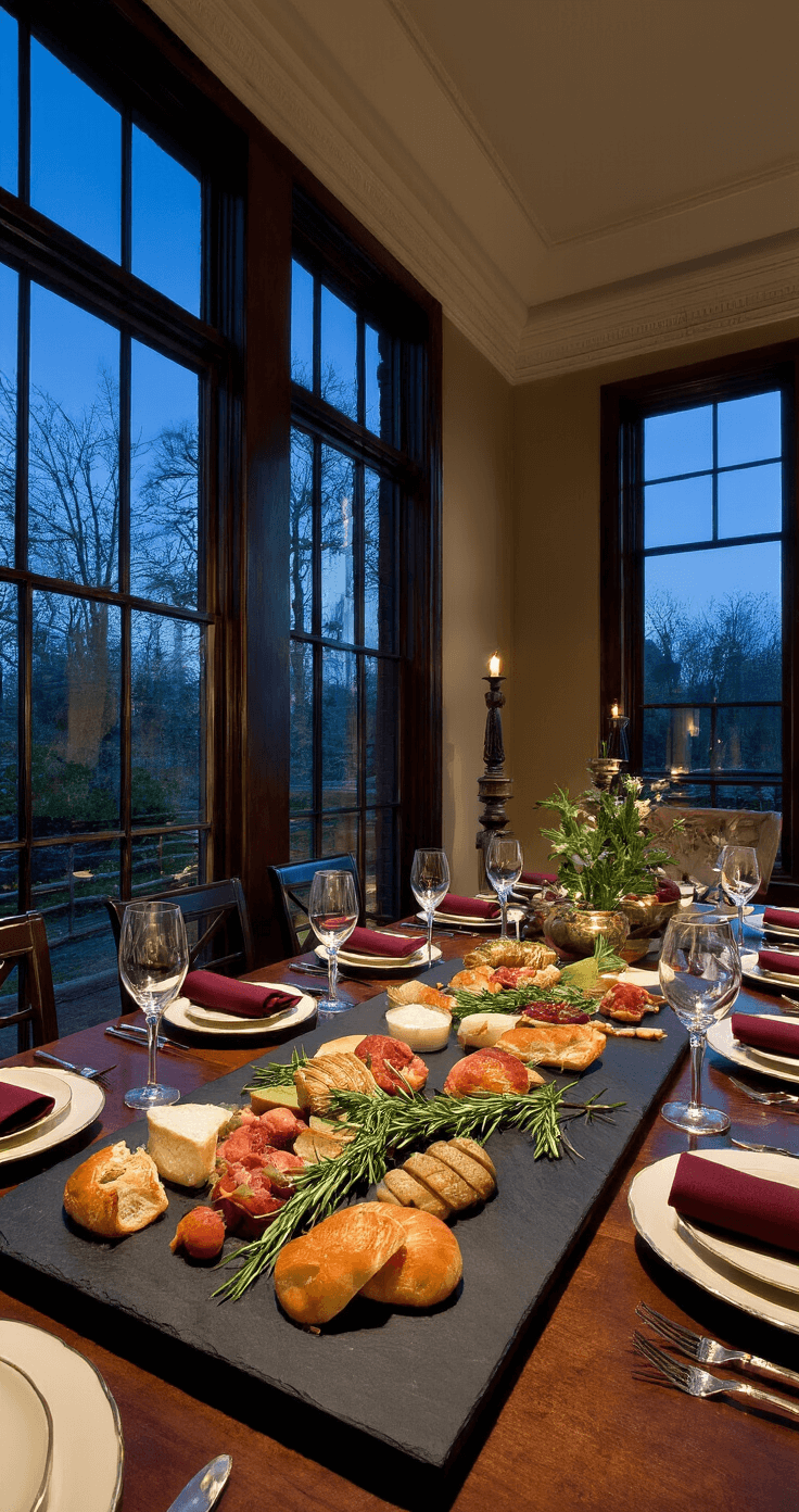 Sophisticated dining space with a themed board assembly under dramatic twilight lighting; large slate board displays elegantly arranged sections in deep jewel tones, accented with fine china and crystal stemware, creating a luxurious atmosphere.