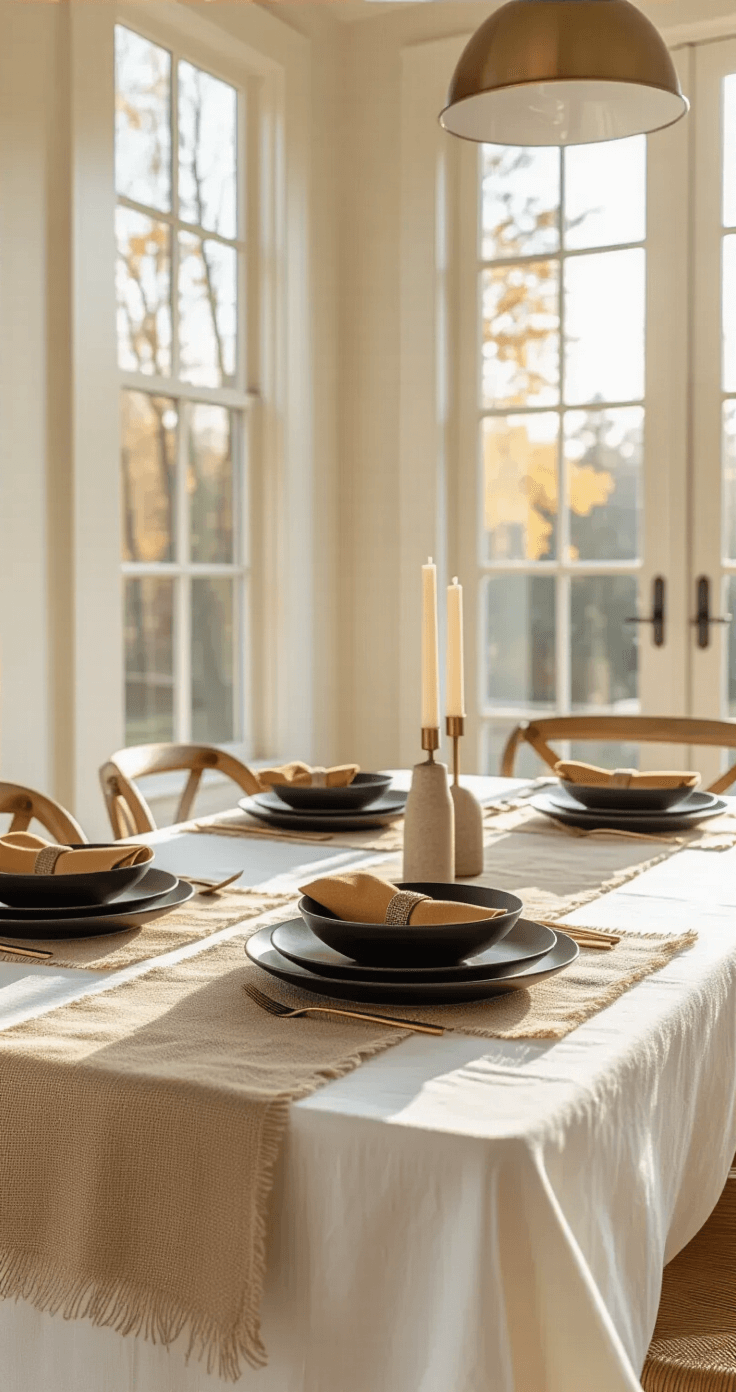 Sophisticated dining room with golden hour light illuminating a crisp white linen tablecloth layered with a burlap runner, featuring wooden charger plates, matte black dinner plates, and mustard linen napkins in brass rings, set on a warm honey oak table against cream walls and a brass light fixture above.