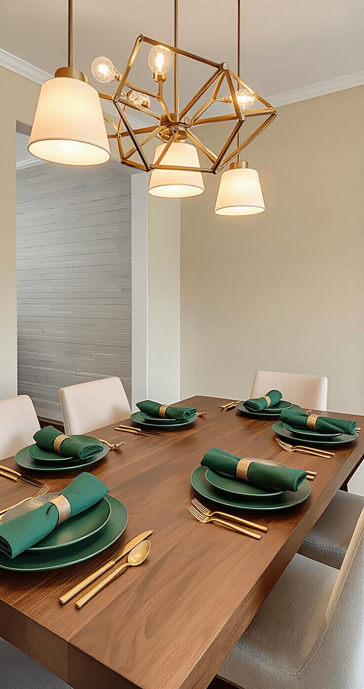 A modern dining room featuring a walnut table set for dinner, adorned with forest green dinner plates on natural wood chargers, emerald linen napkins, and gold flatware. Soft pendant lighting creates a warm ambiance, while geometric brass napkin rings add elegance. The neutral walls and contemporary chandelier complement the layered textures and color scheme of deep greens, champagne gold, and creamy whites.