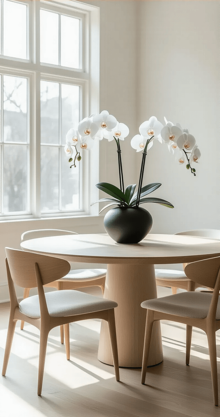 A contemporary dining space featuring a minimalist design, with large windows allowing soft natural light, a striking white orchid arrangement in a black ceramic vase as the centerpiece, and a mid-century modern dining set on light oak floors, all in a monochromatic palette of whites and blacks.