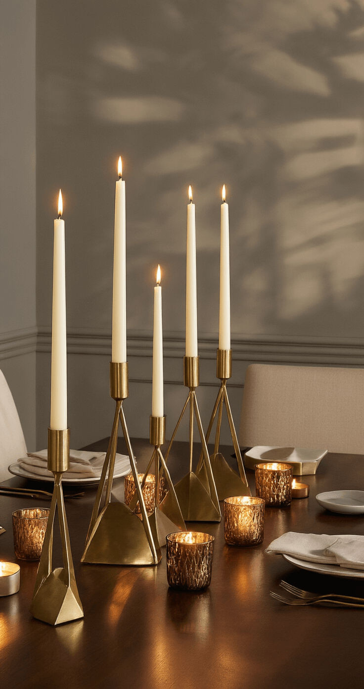 Elegant dining room illuminated by warm candlelight, featuring a dramatic centerpiece of tall brass taper candles in geometric holders and low-profile amber tea lights. A dark walnut table with cream upholstered chairs is set against warm gray walls, showcasing mixed metallic finishes and a sophisticated, intimate atmosphere.