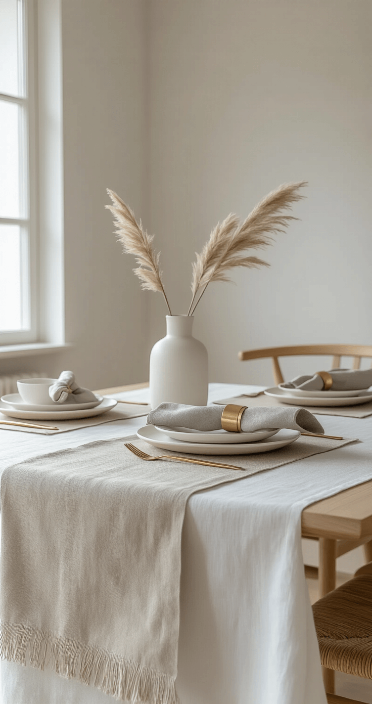 A modern minimalist dining room bathed in bright natural daylight, featuring a long table dressed with a white linen tablecloth and beige runner, adorned with soft gray napkins with gold napkin rings and matte white dinnerware on light wood chargers, all against a backdrop of Scandinavian-inspired furniture and light walls.