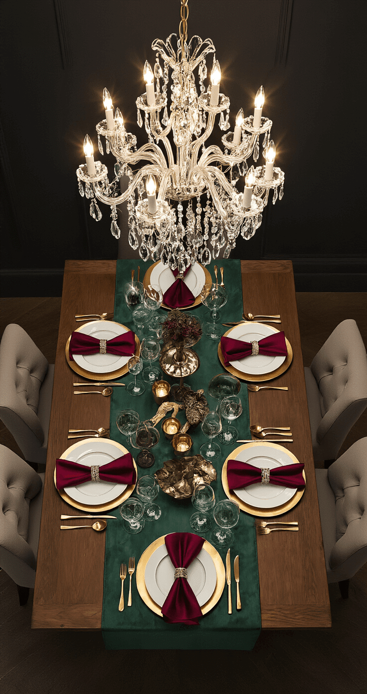 Overhead view of a luxurious dining table set with rich burgundy napkins and an emerald runner, featuring gold charger plates under white dinnerware, surrounded by polished metallic accents and silk textiles, set against dark walls for a dramatic atmosphere.
