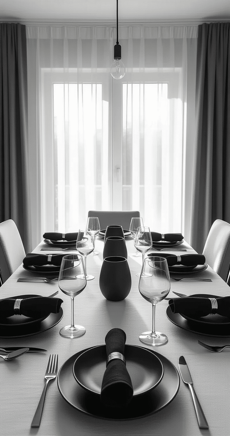 A contemporary dining room bathed in soft morning light, featuring a monochromatic black and white theme with matte black dinnerware, white linen, and black napkins in silver rings. The minimalist geometric centerpiece complements the modern furniture and clean architectural lines against neutral walls, showcasing textures of matte ceramics, crisp cotton, brushed steel, and natural wood undertones in a sophisticated palette of charcoal blacks, pure whites, and warm silver metallics.