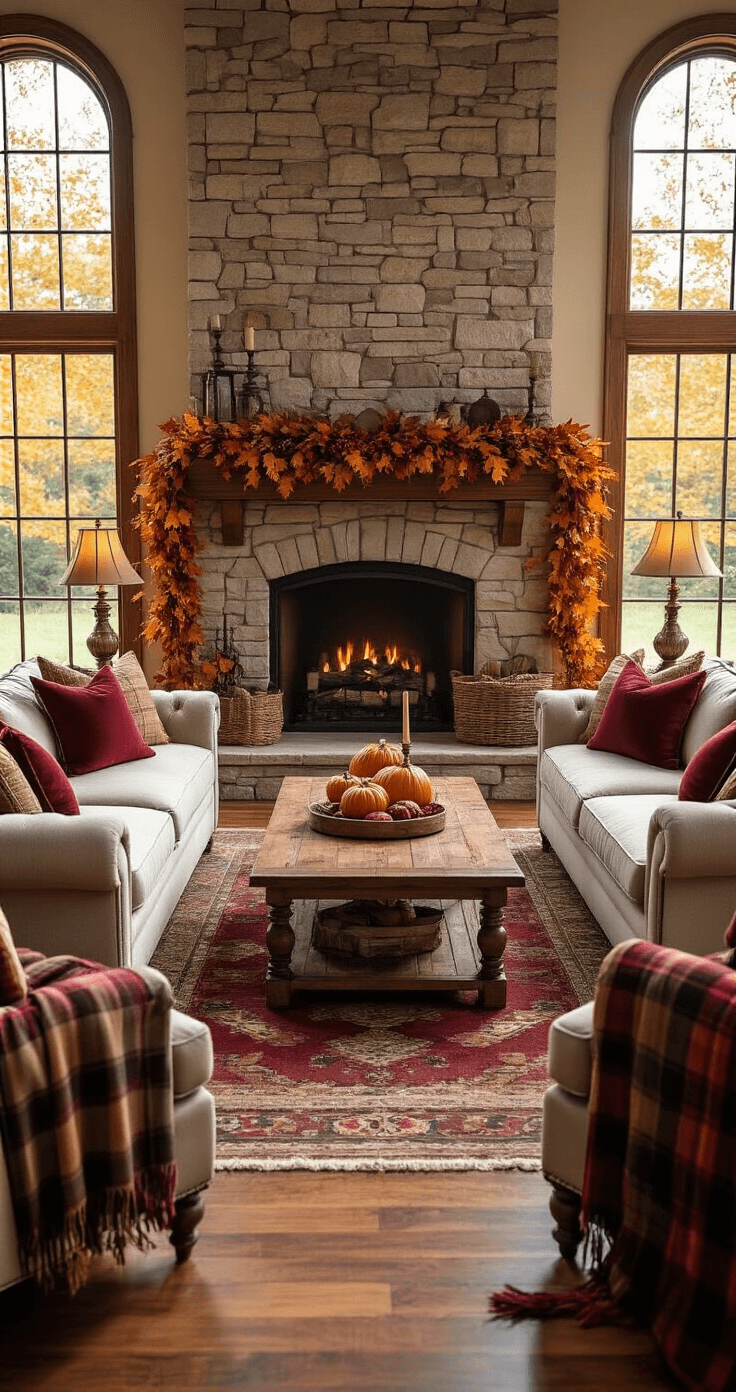 Medium shot of an elegant living room decorated for a Thanksgiving Family Feud game, featuring two sectional sofas facing each other, a rustic wood coffee table, and golden afternoon light streaming through tall windows. The warm color palette includes burgundy, amber, and cream, with an autumn leaf garland on the mantel above the stone fireplace. A game scoreboard easel is positioned centrally, accompanied by plaid throw pillows, brass table lamps, and hardwood floors adorned with a Persian rug.