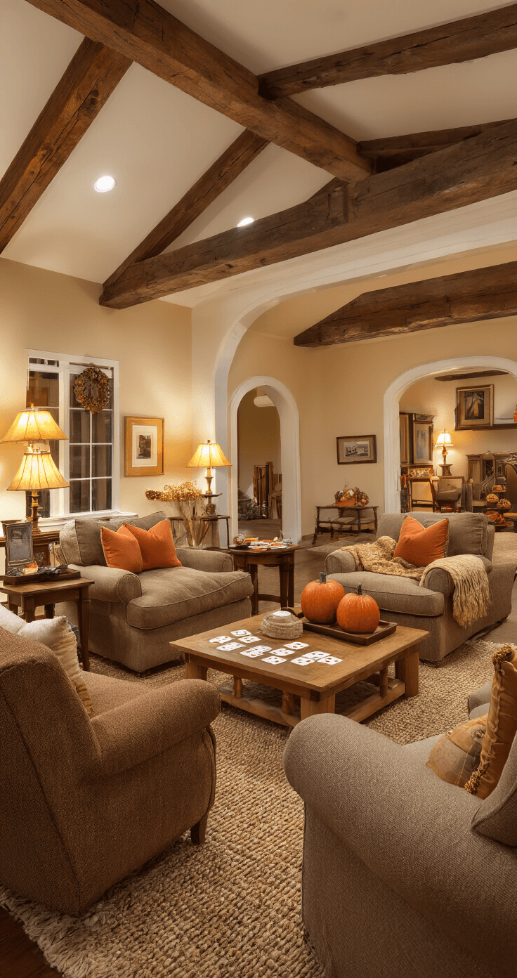 A cozy family room set for Thanksgiving charades, featuring warm lamplight, rich orange and brown tones, comfortable armchairs in a semicircle, wooden tables with game cards and props, textured throw blankets, and ceramic pumpkin decorations, all under exposed ceiling beams.