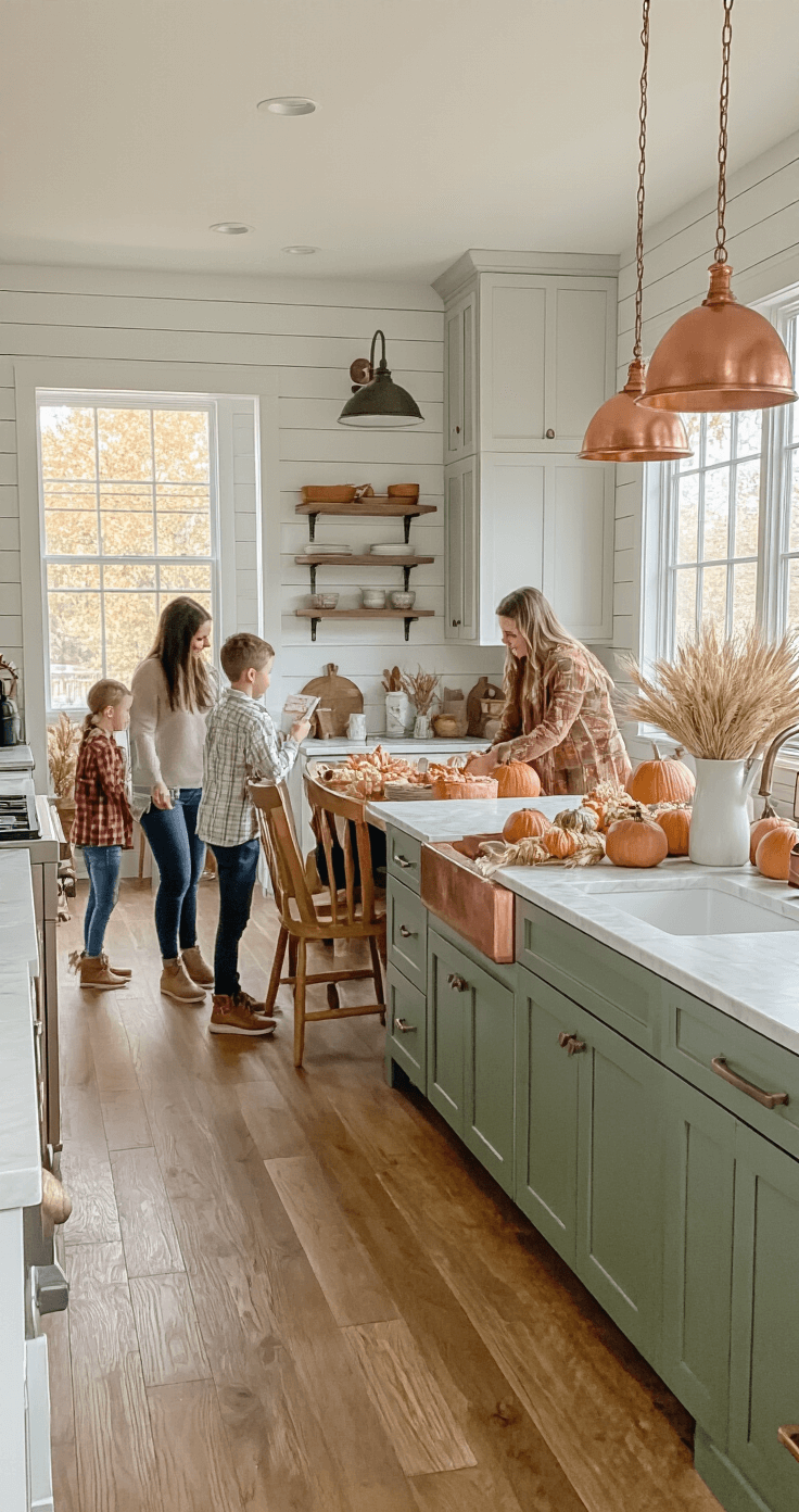 Interior shot of a modern farmhouse style home with sage green shiplap walls, showcasing a Thanksgiving scavenger hunt. Natural light illuminates the kitchen and dining areas as family members search near built-in cabinets and a breakfast nook, amid autumn decor of dried wheat and mini gourds. Copper accents, marble countertops, and pendant lighting enhance the festive atmosphere, with hardwood floors adding warmth. The dynamic camera movement captures the excitement of family competition.