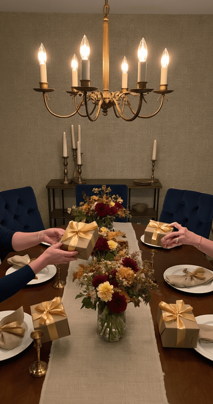 Close-up of a cozy dining room during the Left-Right Gift Game, featuring a round oak table with upholstered navy chairs. Participants are engaged in passing wrapped gifts with metallic gold ribbons under the warm glow of chandelier lighting. The setting includes a linen table runner, brass candlesticks, and fresh fall florals, with textured wallpaper in the backdrop, capturing animated expressions of excitement and hands in motion.