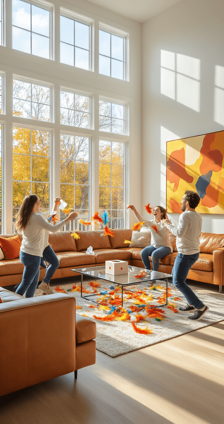 Dynamic living space filled with natural light, featuring players in tissue box contraptions with colorful feathers, participating in a lively game. Contemporary furniture is pushed aside, revealing a vibrant autumn color scheme with burnt orange and golden yellow accents. The scene captures motion blur, emphasizing the energy and laughter of the participants.