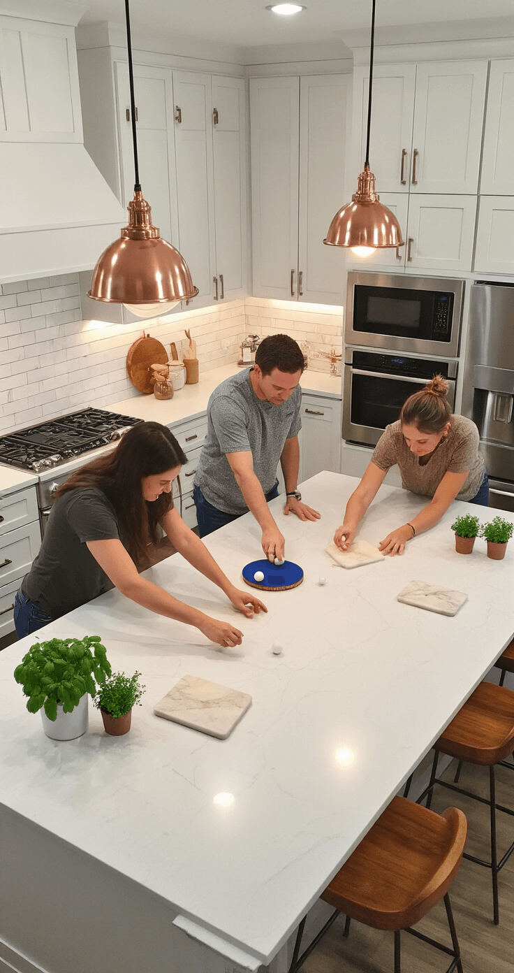 Overhead view of a modern kitchen island set up for the Goblet Gobble challenge, featuring participants focused on ping pong ball attempts on a white quartz countertop, surrounded by white cabinets, a subway tile backsplash, warm wood bar stools, and copper pendant lights, with fresh herbs and marble cutting boards as props.