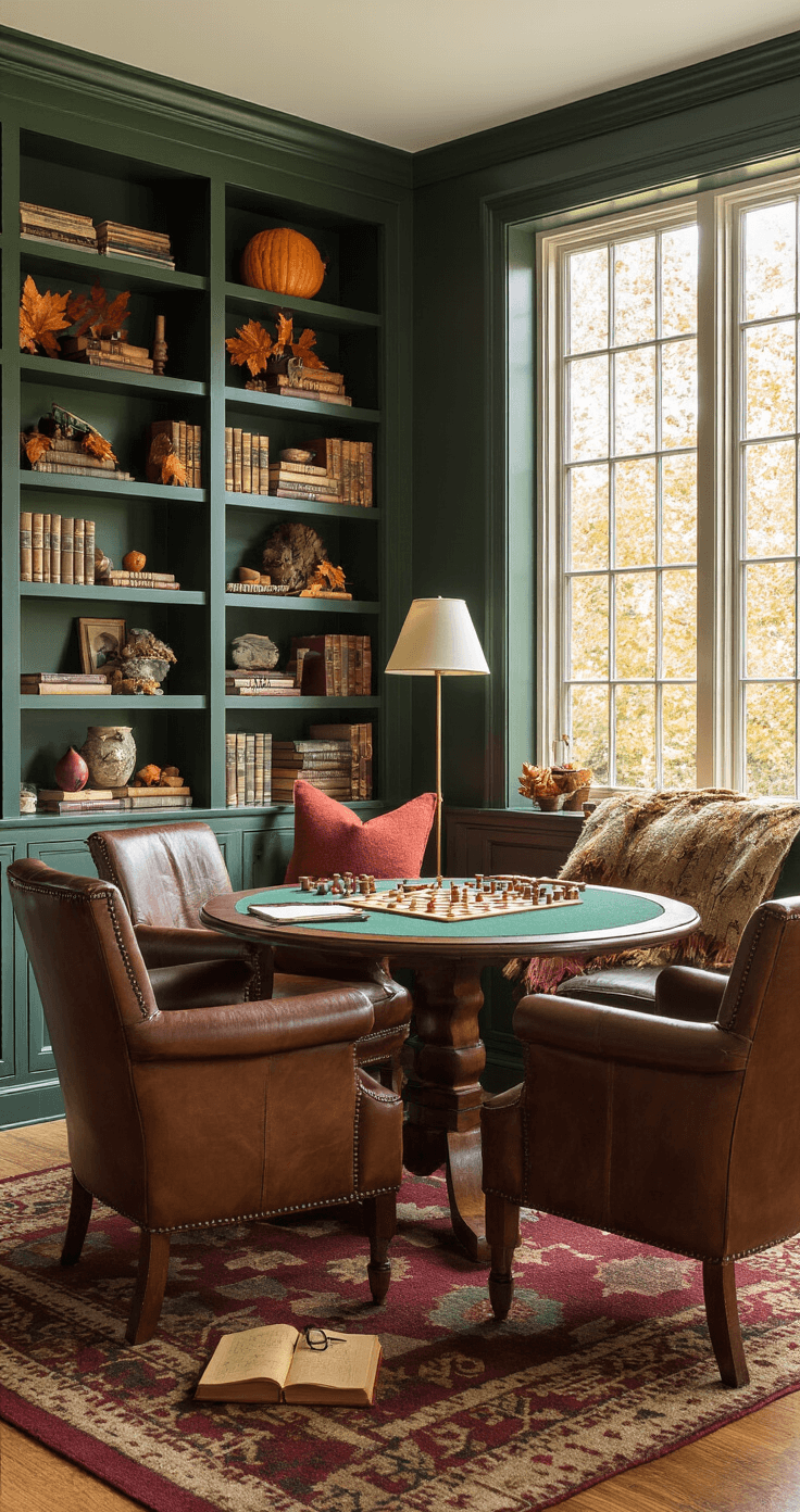 Cozy den with leather chairs around a game table, built-in bookshelves, and autumn decorations, illuminated by window light and lamps, featuring a wool rug and scattered game pieces, evoking a focused atmosphere for Thanksgiving word games.