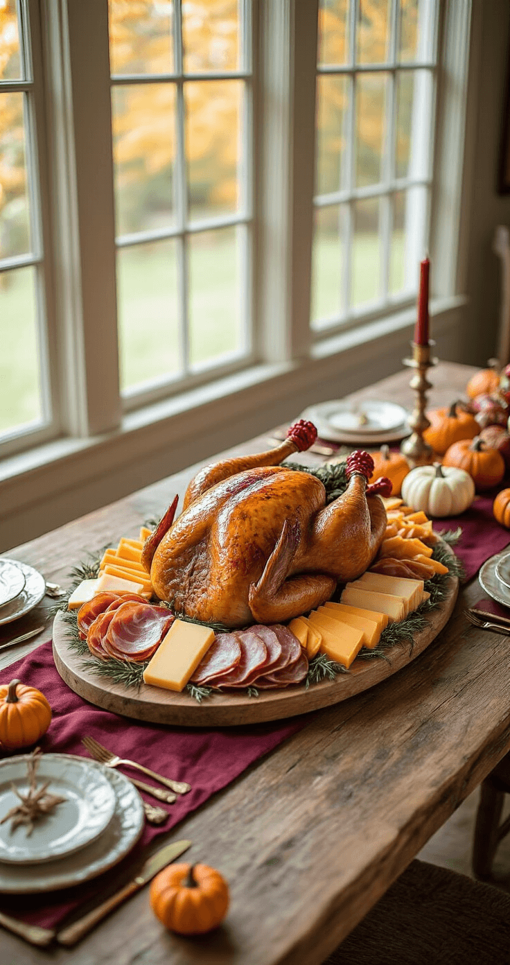 Overhead view of an elegant Thanksgiving dining room with a turkey-shaped charcuterie board centerpiece, featuring aged cheeses and prosciutto, surrounded by autumn linens, brass candlesticks, and mini pumpkins, bathed in warm afternoon light.