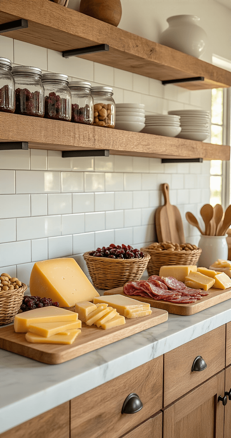 Artfully styled kitchen island featuring charcuterie ingredients in golden hour light, with white marble countertops, subway tile backsplash, and open shelving displaying mason jars. Includes wooden cutting boards with aged cheddar, gouda, and sliced meats, all set in a modern farmhouse ambiance with warm tones and natural wood accents.