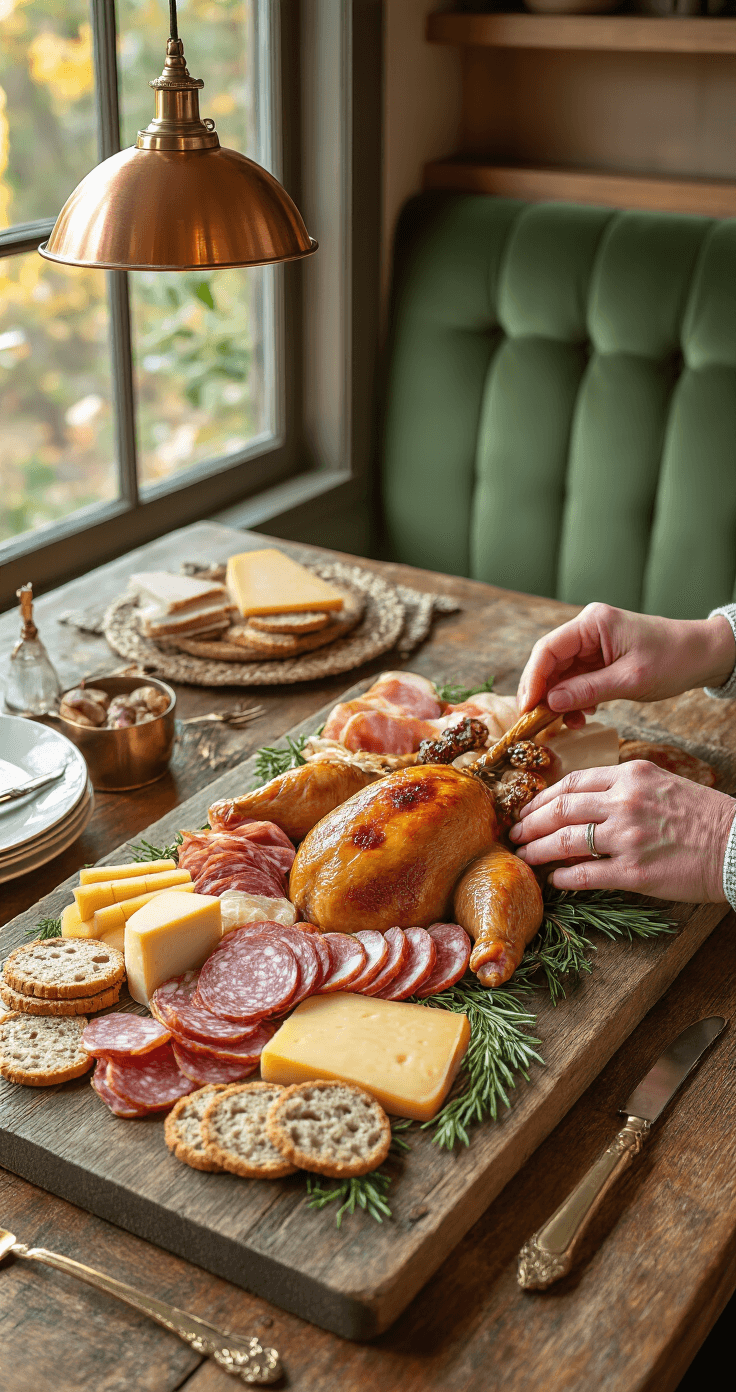 Close-up of hands artfully assembling a turkey charcuterie on a rustic wooden board, surrounded by artisanal cheeses, cured meats, and crackers, set in a cozy dining nook with sage green velvet seating and warm brass lighting, featuring rich autumn colors and textures.