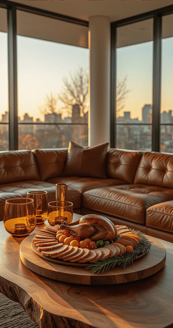 Luxurious living room coffee table vignette featuring a completed turkey charcuterie board during golden hour, in a mid-century modern space with a cognac leather sectional, brass accent tables, and floor-to-ceiling windows. The artistic food display atop a live-edge walnut table is surrounded by amber glass vessels and copper serving utensils, showcasing a warm caramel and rust color scheme with rich leather textures. Low angle shot highlights the board's sculptural quality in a sophisticated entertaining atmosphere.