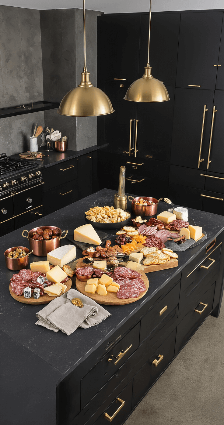 A high angle shot of a dramatic kitchen counter styled with a collection of cheese varieties, charcuterie meats, and crackers on honed black granite, complemented by matte black cabinetry, brass hardware, and statement pendant lights, featuring copper measuring cups and linen napkins in a moody charcoal and brass palette.