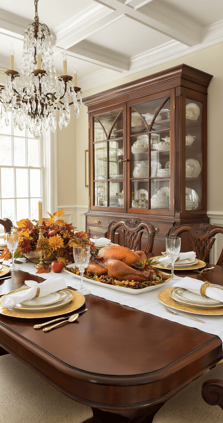 Elegant dining room featuring a turkey board on a large mahogany table adorned with white linens and gold-rimmed plates, complemented by an autumn centerpiece, coffered ceiling, crystal chandelier, and built-in china cabinet with seasonal pottery, all in a classic burgundy and gold color scheme.